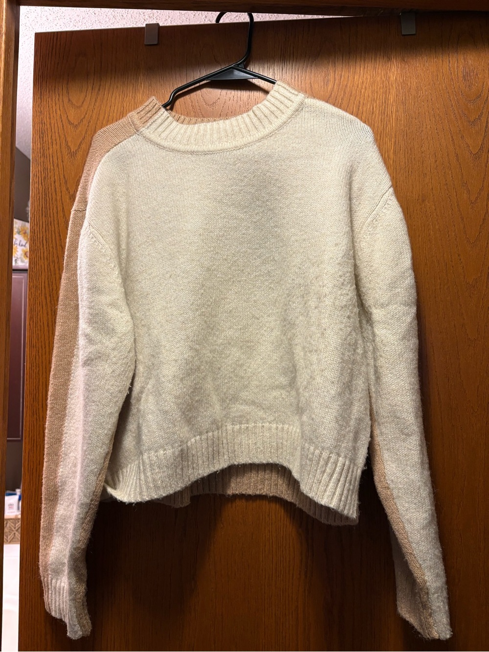 Elan Cream Crewneck Sweater with Tan Sleeves